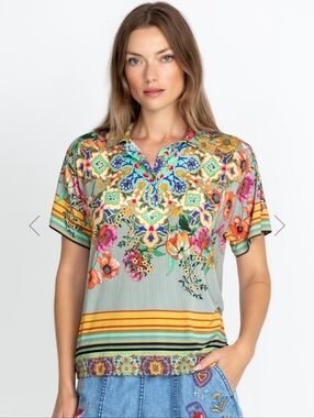 Johnny Was Printed Hunter Polo Top Sz L